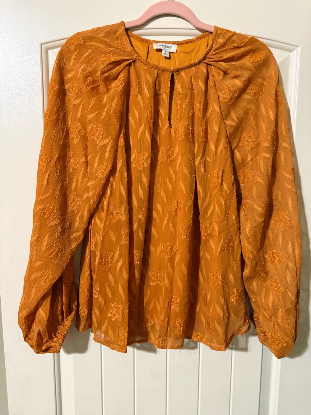 Umgee Women's Textured Long-Sleeve Peasant Blouse in Burnt Orange NWOT